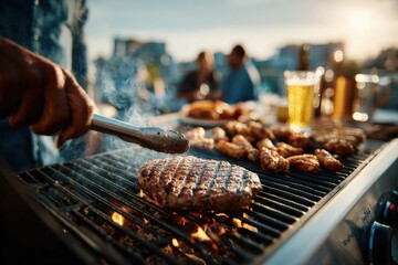 Chef grilling hamburgers with tongs on a barbecue grill, creating a lively atmosphere for a rooftop party on a sunny summer day