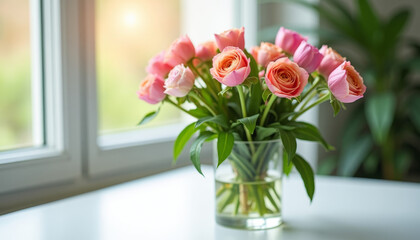 Floral Arrangement, Pink Roses, Home Interior, Photography, Natural Light, Close-up, Beauty and Elegance