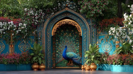 Traditional Mughal Garden Arch with Plants and Peacock – Seamless Pattern

