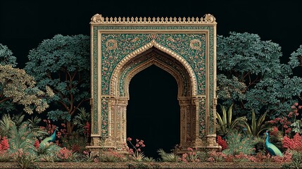 Traditional Mughal Garden Arch with Plants and Peacock – Seamless Pattern

