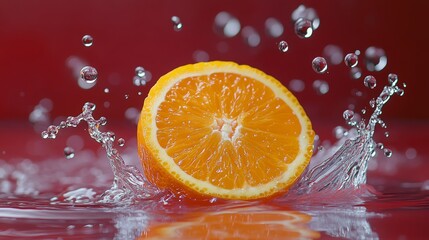 Fresh juicy orange slice splashing into crystal-clear water with dramatic droplets frozen mid-air, captured against a vivid red background for a refreshing and energetic citrus vitamin c composition.
