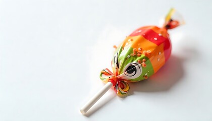 A captivating close-up of a vibrant fish-shaped lollipop wrapped in decorative packaging on a clean, white background.