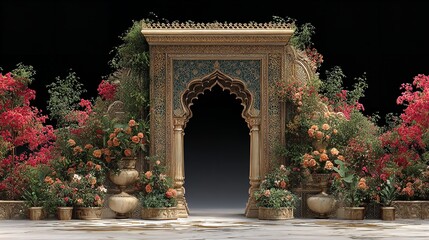 Traditional Mughal Garden Arch with Plants and Peacock &ndash; Seamless Pattern

