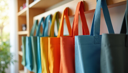 Colorful Tote Bags Displayed in a Modern Storefront Environment