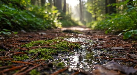 Ground-Level Forest Path with Dewy Details