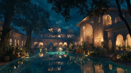 Traditional Mughal Garden at Night with Temple Arch

