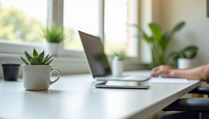 Laptop and Plant on Desk in Bright Home Office Environment