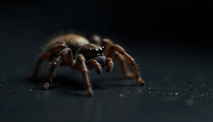 A striking jumping spider is captured in a close-up, revealing its intricate details against a dark, moody background.