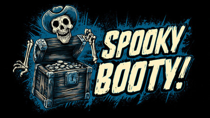 Spooky pirate ghost with cowboy hat joyfully guards treasure chest filled with coins, accompanied by text Spooky Booty in bold, eerie font
