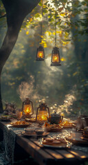 Fototapeta premium In a quiet forest, an outdoor wooden table is decorated with steaming cups of tea and a variety of delicious foods, while warm lanterns cast a soft light nearby,