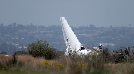 Tail fin and right wing wreckage of crashed airplane lying on its side near trees and grass in San Diego, California, USA, under clear blue sky during daytime in detailed realistic scene
