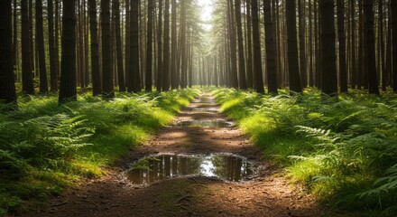 Lush Green Forest with Twin Trail and Reflection