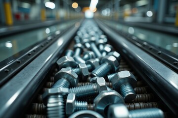 Close-up view of many metal bolts and nuts on a conveyor belt.