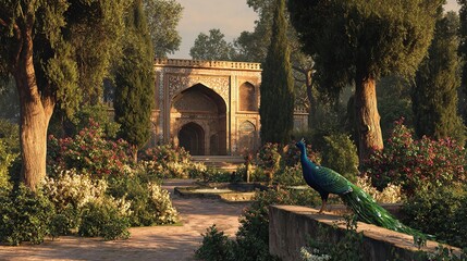 Traditional Mughal Garden with Temple Arch and Palace


