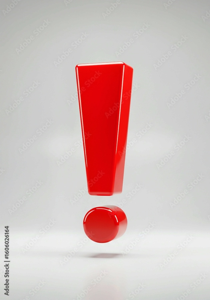 Fototapete exclamation mark on red background, Red exclamation mark symbol 3D rendering on white background. Central, bold statement with gray border. Small black illustration in bottom right corner