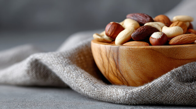Wooden bowl of mixed nut, healthy keto diet snack perfect for balanced lifestyle on simple grey background