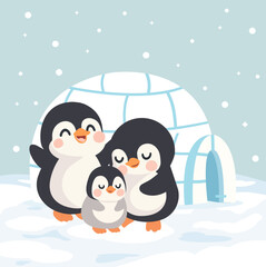 Cartoon Penguin Family in Front of Igloo