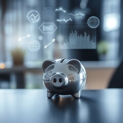 A close-up of a small, silver piggy bank on a tidy, modern desk, with abstract floating icons of graphs and arrows above it, creating a sense of financial growth. Clean background with minimal distrac