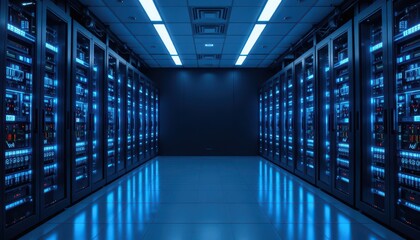 A high-tech data center corridor with rows of glowing blue server racks and a central aisle.