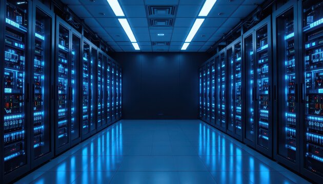 A high-tech data center corridor with rows of glowing blue server racks and a central aisle.