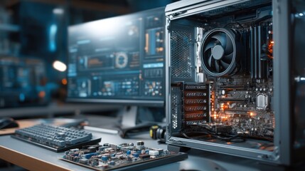 Fototapeta premium A computer system with an open case, showing the internal components and cooling fan.