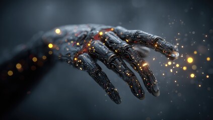 Robotic hand with glowing circuitry and digital sparks