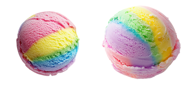 Colorful Swirled Ice Cream Scoops in Bright Pastel Colors, isolated on transparent background.