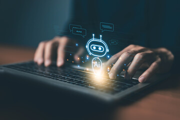 development which is smart robot conversation. communication is open for chat customers, chatbot digital technology, and bot artificial intelligence. concept of AI generates command prompt information