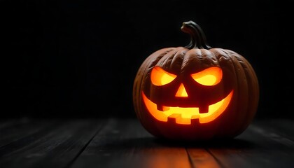 Glowing jack o lantern casts spooky light in the darkness for a festive Halloween scene.
