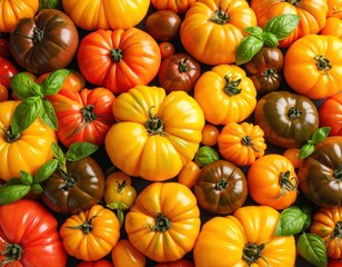 Heirloom Tomato Variety A Colorful Harvest of Yellow Orange and Brown with Fresh Basil.