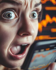 A close-up of a young investors face, eyes wide with excitement, scrolling through a crypto trading app on their smartphone with a blurred financial chart behind. 
