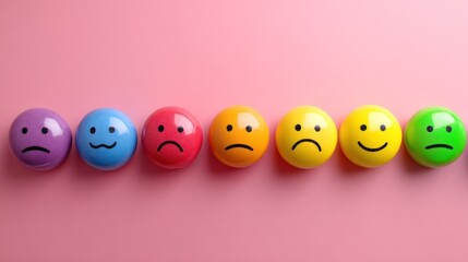 A row of colorful smiley face buttons on a pink background.