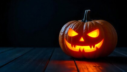 Glowing jack-o'-lantern smiles ominously against a dark backdrop, ready for Halloween night and spooky celebrations.