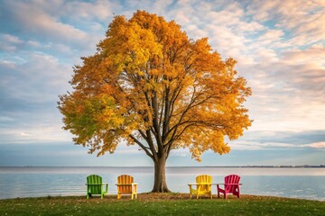 Autumn landscape with colorful adirondack chairs under a golden tree by the lake photography