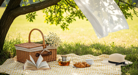 A scenic picnic setting under a shady tree with a yellow checkered blanket. Includes wicker basket, croissants on ceramic plate, glass teapot with chamomile tea, open book, and sunhat. 