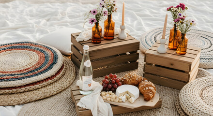A beautifully styled boho picnic with soft white sheet, woven rugs, wooden crates, and an elegant spread of brie cheese, grapes, almond croissants, and sparkling water. 