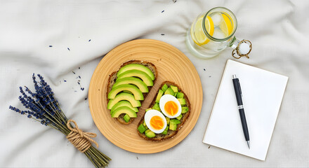 An overhead view of a minimalist summer picnic setup featuring cream linen blanket, bamboo plate with avocado toast and eggs, iced lemon water, a notebook with pen, and dried lavender.