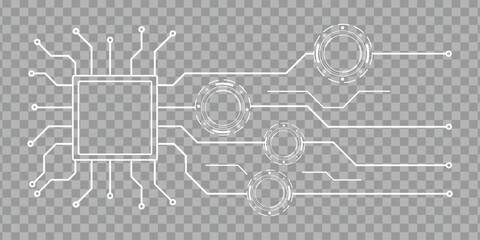 Abstract circuit board lines and circles with a central microchip on a transparent background.