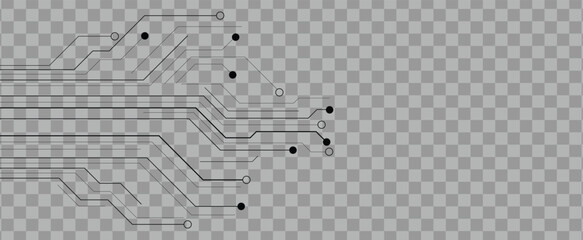 Abstract circuit board lines and connections on a transparent background, ideal for technology and data concepts.