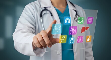 Doctor Using Futuristic Touchscreen Display with Medical Icons and Organ Symbols