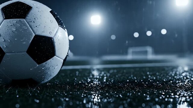 Intense Rainfall at a Stadium Creating Reflections on the Field with a Soccer Ball Showing the Grit and Determination Needed to Succeed Through
