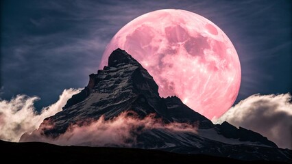Pink moon over mountain peak landscape scenic night sky celestial event astronomy wallpaper background image
