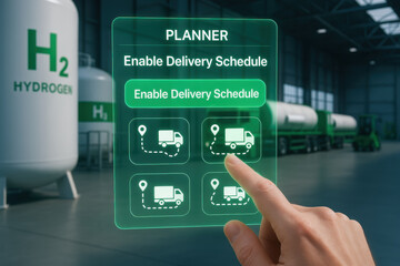 Green hydrogen industrial delivery schedule planner interface with hand selecting truck route in warehouse for efficient logistics management