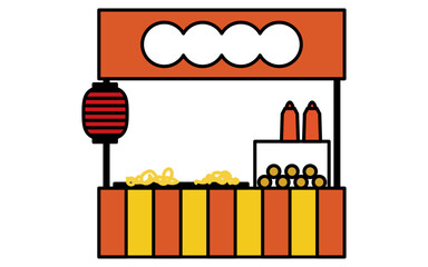Naklejka premium 焼きそばの屋台のシンプルな線画イラスト、夏のイラスト、白黒