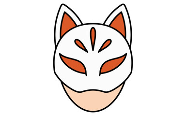狐のお面をかぶった子どものシンプルな線画イラスト、夏のイラスト、白黒