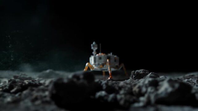 Robotic lunar lander exploring moon surface with dust clouds in the darkness of space