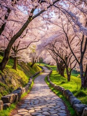 Fototapeta premium Cherry Blossoms along winding stone path