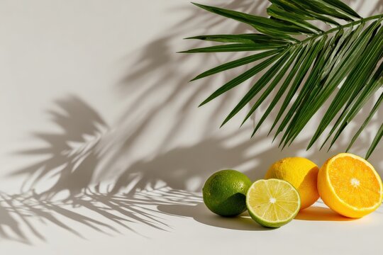 Fresh lemon, lime, and orange with palm leaf creating shadows on a minimal white backdrop, evoking a tropical summer vibe