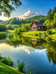 Obraz premium House overlooking serene lake with lush greenery in the background