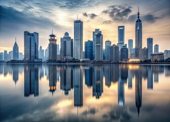 Fototapeta premium Cityscape reflected on calm waters with skyscrapers silhouetted against a pale grey sky at dusk